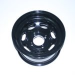 Black steel wheel rim on white background.