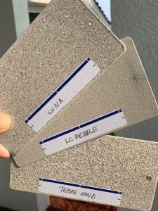 Three color swatches: Luna, LC Pebble, Terre Sand.