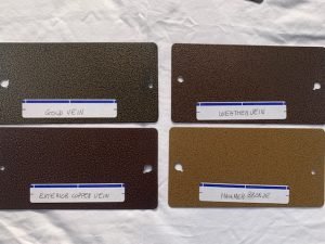 Four metal color swatches: gold, weather, copper, bronze.