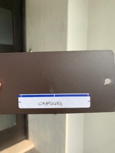 Dark brown paint swatch labeled 'Cappucino'