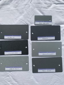 Metal color samples labeled with various shades.