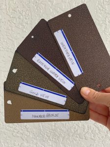 Four metal color samples: weathered, copper, gold, bronze.