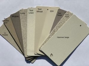 Beige color sample cards with labels.
