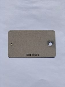 Rectangular taupe card with two holes.