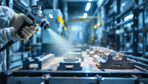 Worker spray painting industrial metal parts.