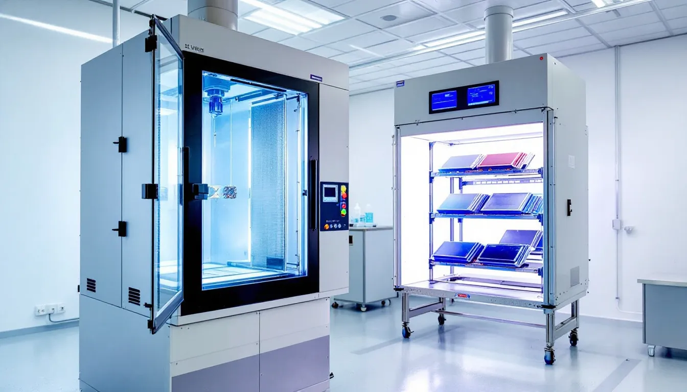 The image depicts a testing setup featuring a salt spray chamber and a UV exposure apparatus, used for evaluating the durability of powder coatings. These devices assess the chemical resistance and corrosion resistance of various powder types, ensuring that coatings maintain their high gloss and smooth finish under extreme conditions.