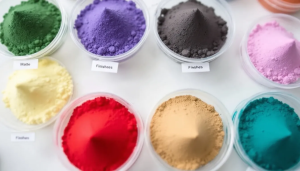 Colorful matte and finished powder samples in containers.