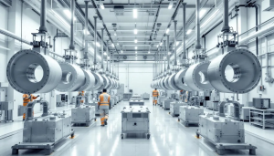 Workers in modern factory with machinery