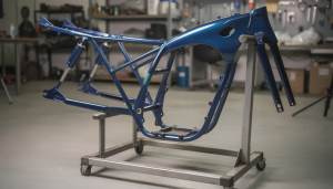 Blue motorcycle frame on metal stand in workshop.