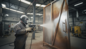 Worker sandblasting a metal surface in workshop