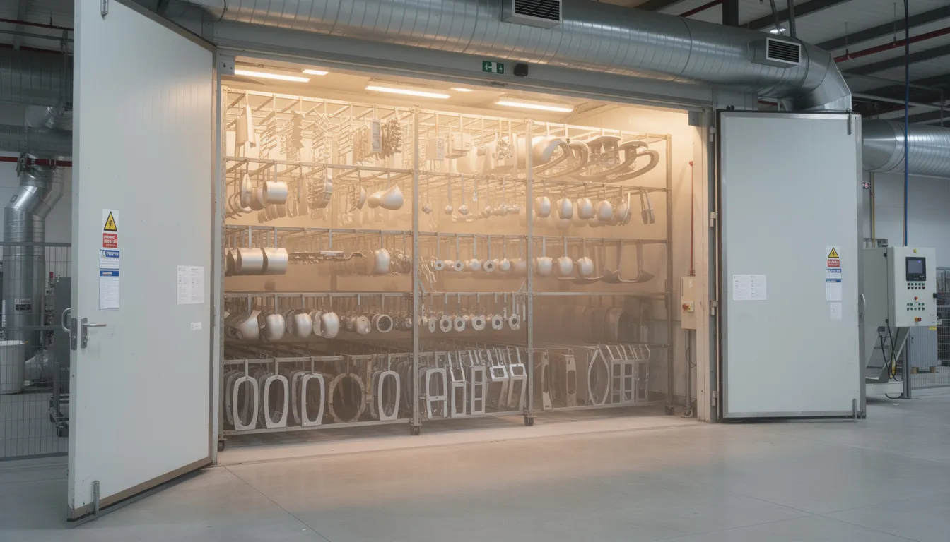 The image shows a large industrial powder coating oven filled with metal parts on racks, showcasing the process of applying a protective coating to sheet metal parts. The oven is designed to ensure optimal temperature and quality for the powder coating application, which enhances the durability and corrosion resistance of the metal surfaces.