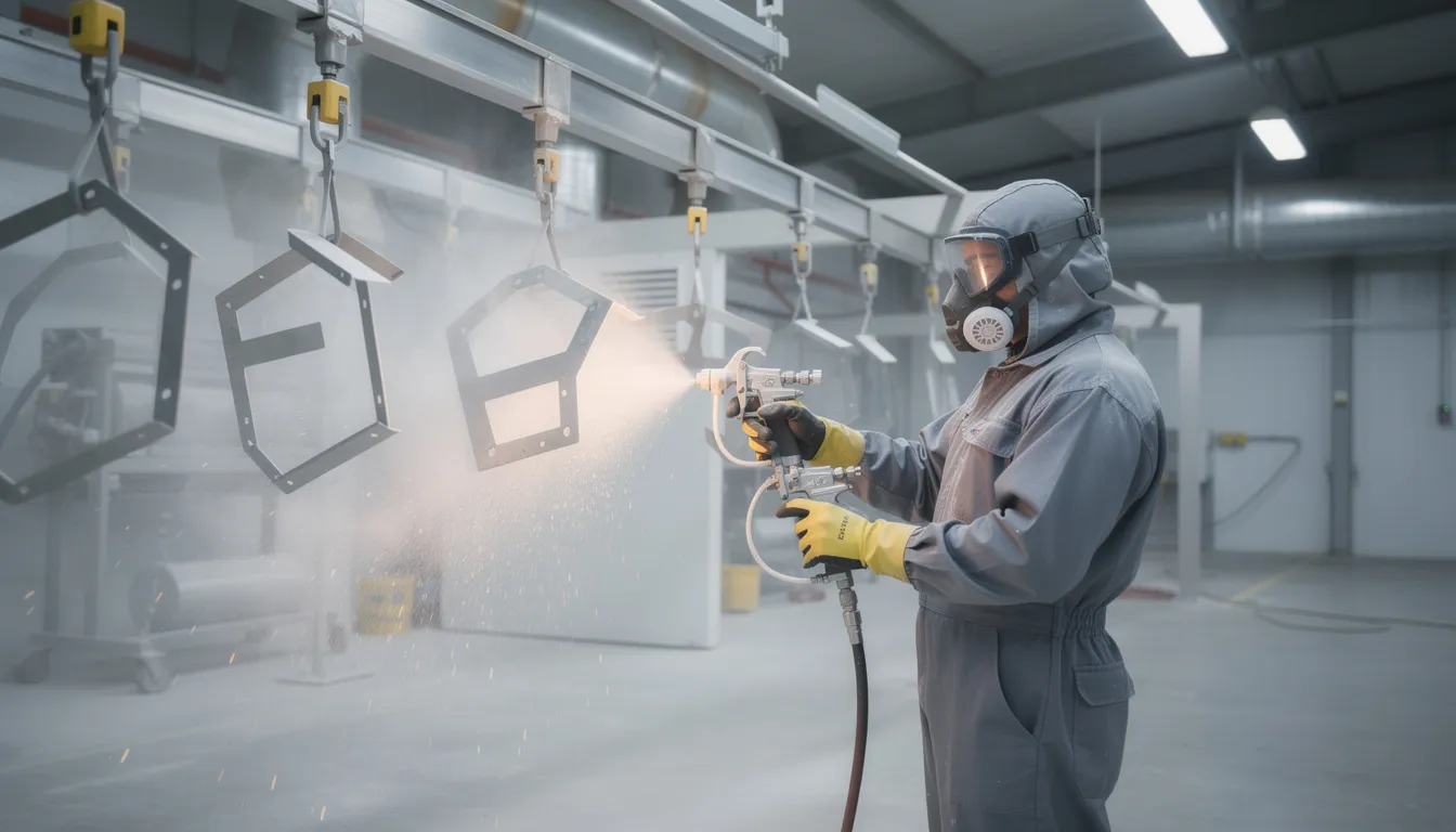 The image depicts an industrial powder coating facility where a technician is skillfully spraying charged powder onto metal parts, showcasing the painting process essential for achieving durable finishes. This scene highlights the company's commitment to high-quality service and comprehensive customer service in Broward County, serving various industrial clients.