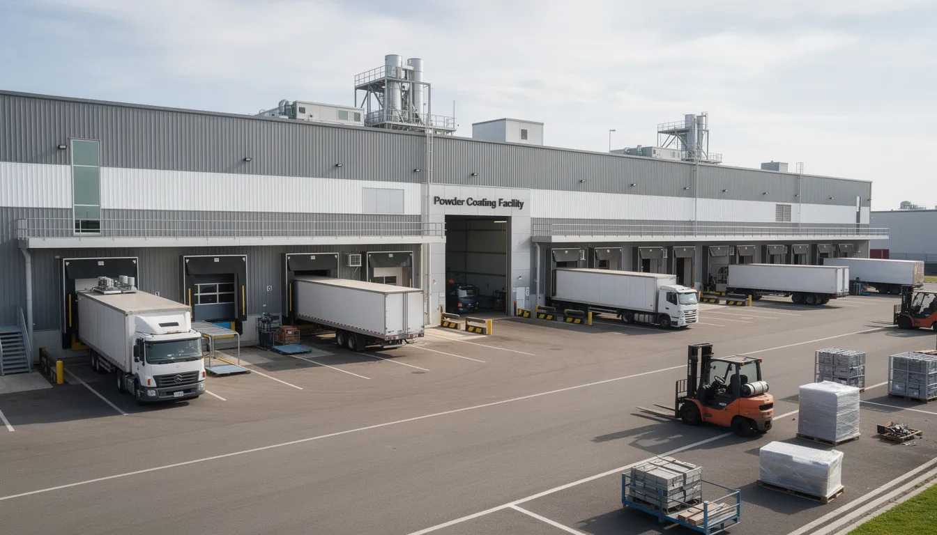 The image depicts a large industrial powder coating facility featuring eight loading docks designed to accommodate large trucks, indicating a bustling environment dedicated to providing high-quality service for industrial clients. This one-stop facility in Broward County emphasizes quality control and offers a range of services, including metal finishing and sandblasting, ensuring durable and environmentally friendly coatings for various materials.