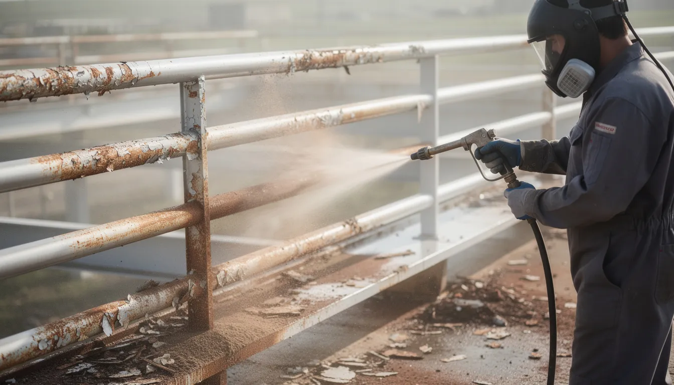 The image shows metal railings being sandblasted to effectively remove old paint and rust, preparing them for a high-quality powder coating finish. This process takes place in a sandblasting facility in Broward County, emphasizing the company's commitment to quality control and durable results for their customers.