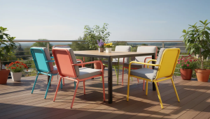 Colorful patio chairs around table with plants