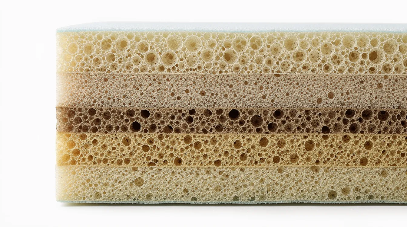 The image features a close-up view of layered outdoor cushion foam, showcasing various densities that contribute to the comfort and support of custom outdoor cushions. This detailed perspective highlights the quality and craftsmanship behind outdoor furniture cushions designed for durability and performance in outdoor spaces.