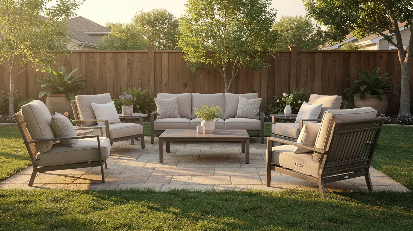 The image showcases a variety of outdoor furniture pieces, including chairs, loungers, and sectionals, all adorned with custom outdoor cushions in a stylish backyard setting. The furniture is designed for relaxation and comfort, featuring premium Sunbrella fabric that offers weather protection and durability, perfect for enhancing any outdoor space.