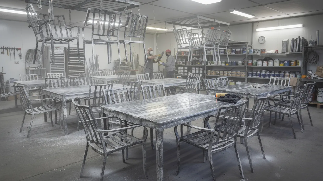 In a professional restoration facility, metal outdoor furniture frames are being meticulously prepared for refurbishment, showcasing a range of expertly crafted chairs and benches. This setting emphasizes the importance of durability and quality, ensuring that the restored furniture will complement any outdoor space with style and comfort.