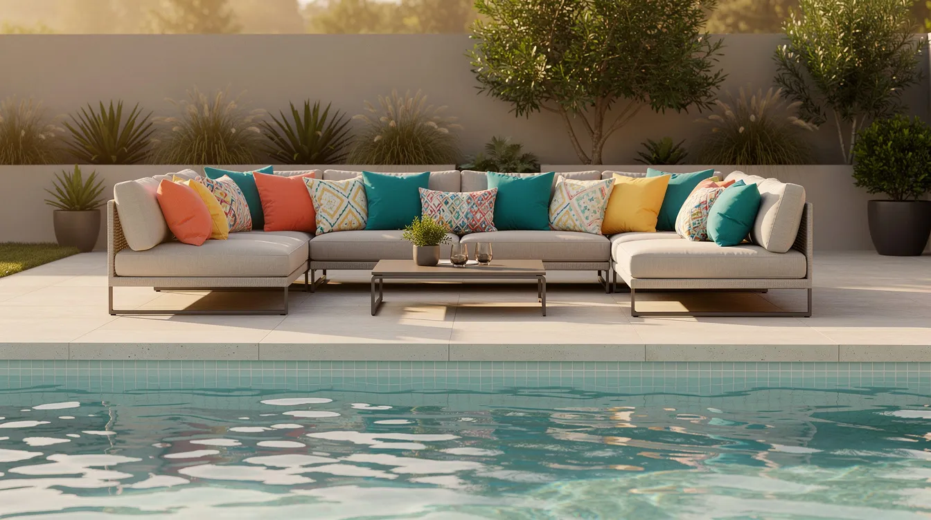 The image depicts a vibrant outdoor patio area featuring sectional seating adorned with colorful custom outdoor cushions, situated adjacent to a sparkling pool. This inviting outdoor space is designed for relaxation and comfort, showcasing stylish patio furniture and decorative pillows that enhance the overall ambiance.