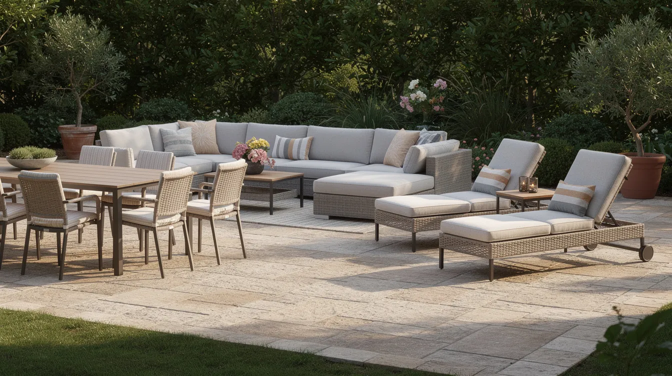 The image showcases a variety of outdoor furniture, including a sectional sofa, dining chairs, and a chaise lounge, all adorned with custom outdoor cushions that enhance the style and comfort of the outdoor space. The coordinated cushions are designed for durability and are made from weather-resistant fabrics, perfect for outdoor seating arrangements.