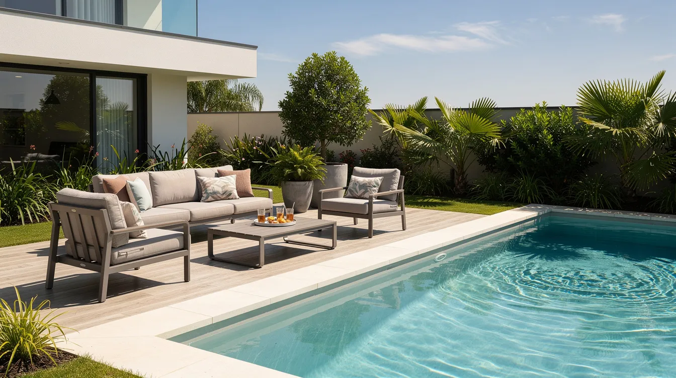 The image showcases an inviting outdoor patio area featuring stylish outdoor furniture adorned with custom outdoor cushions, all set against the backdrop of a shimmering swimming pool on a sunny day. The expertly crafted cushions, made from premium Sunbrella fabric, provide both comfort and weather protection, making this space perfect for relaxation and enjoyment.