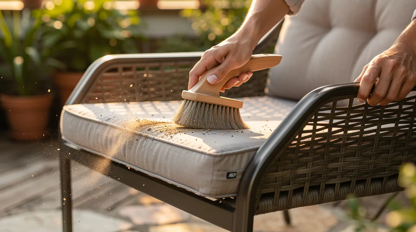 A person is gently brushing off an outdoor cushion with a soft brush in a cozy patio setting, surrounded by outdoor furniture. The cushion, made from premium Sunbrella fabric, showcases its durability and weather protection, making it perfect for enhancing the comfort of any outdoor space.