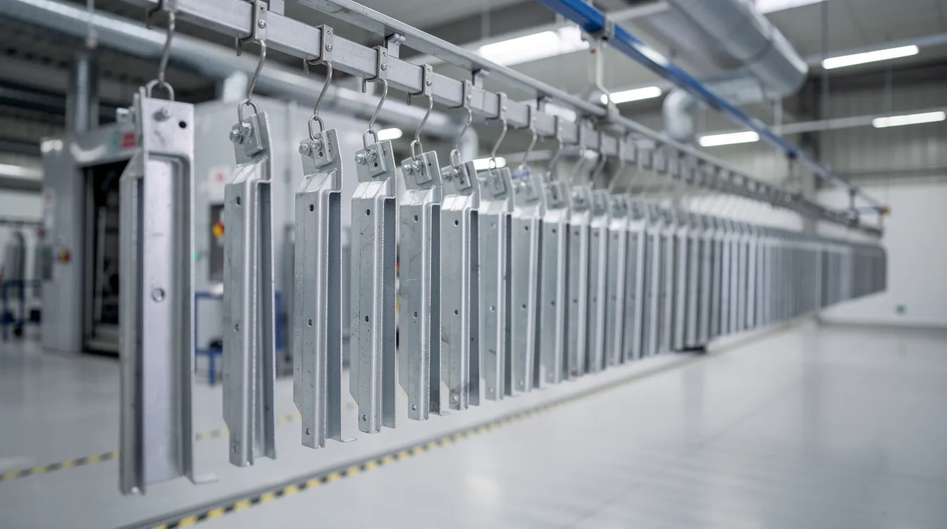 The image shows a variety of metal parts hanging on a rack, ready for powder coating inside an industrial finishing facility. The parts are prepared for a smooth, metallic finish that will enhance their quality and performance.