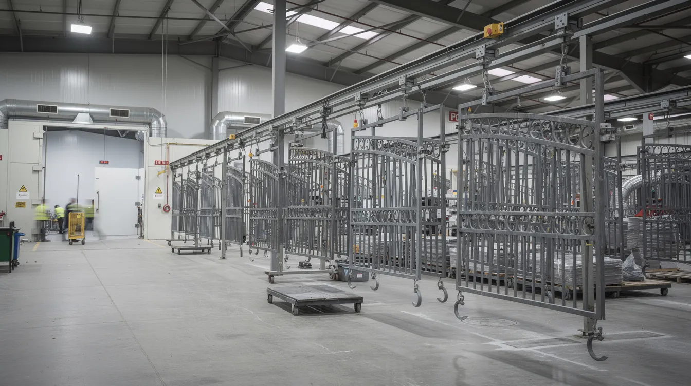 The image depicts a large industrial powder coating facility featuring metal gates and railings that are prepared for finishing, showcasing a smooth and shiny surface indicative of high-quality metallic powder coatings. The environment is organized with equipment ready for the powder application process, emphasizing performance and a range of color options.