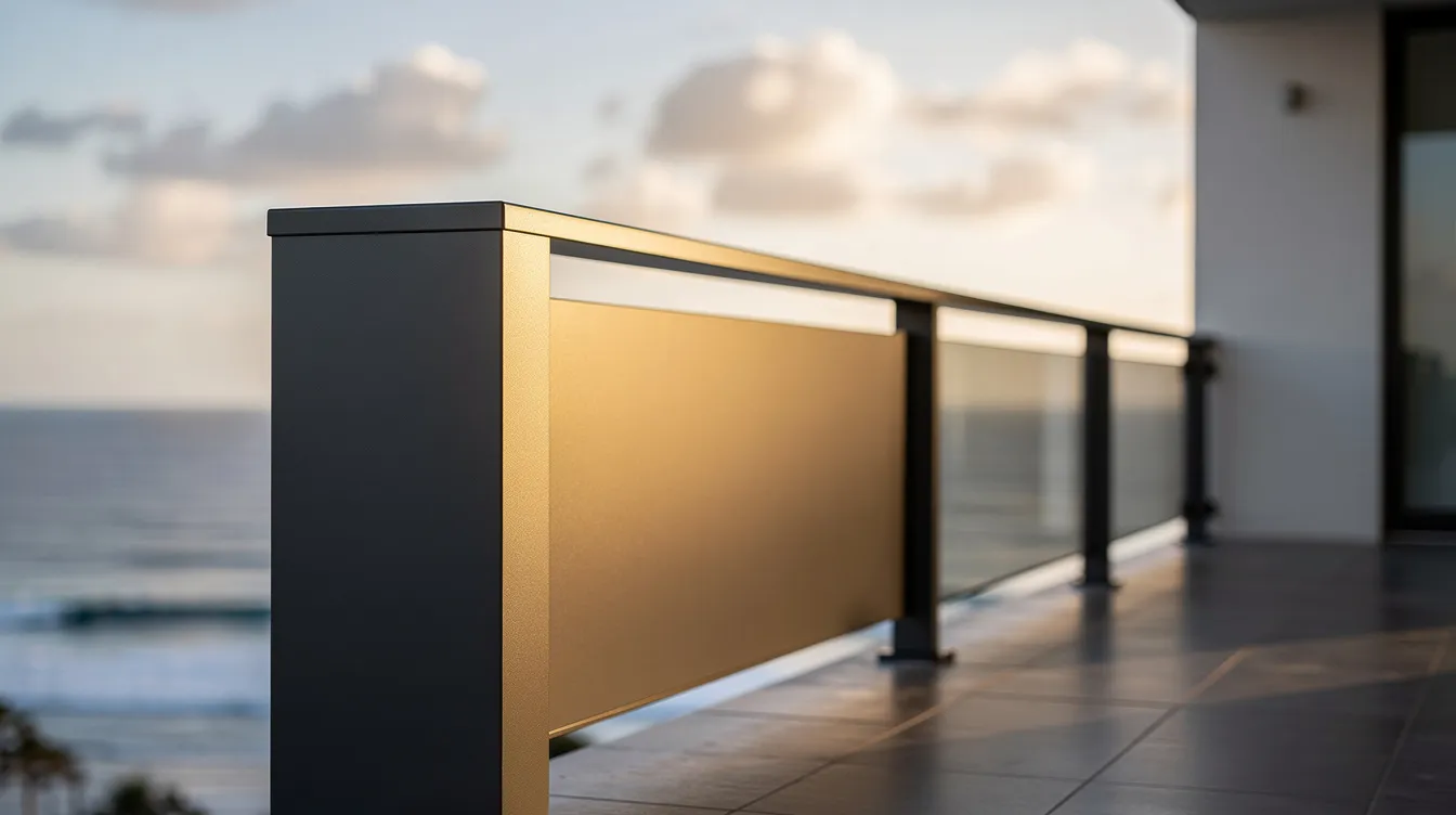 The image features a smooth, powder-coated aluminum railing situated near a coastal building, with sunlight creating a sparkling effect on its metallic finish. This high-quality powder coating enhances the railing's style and performance, making it a perfect match for the surrounding environment.
