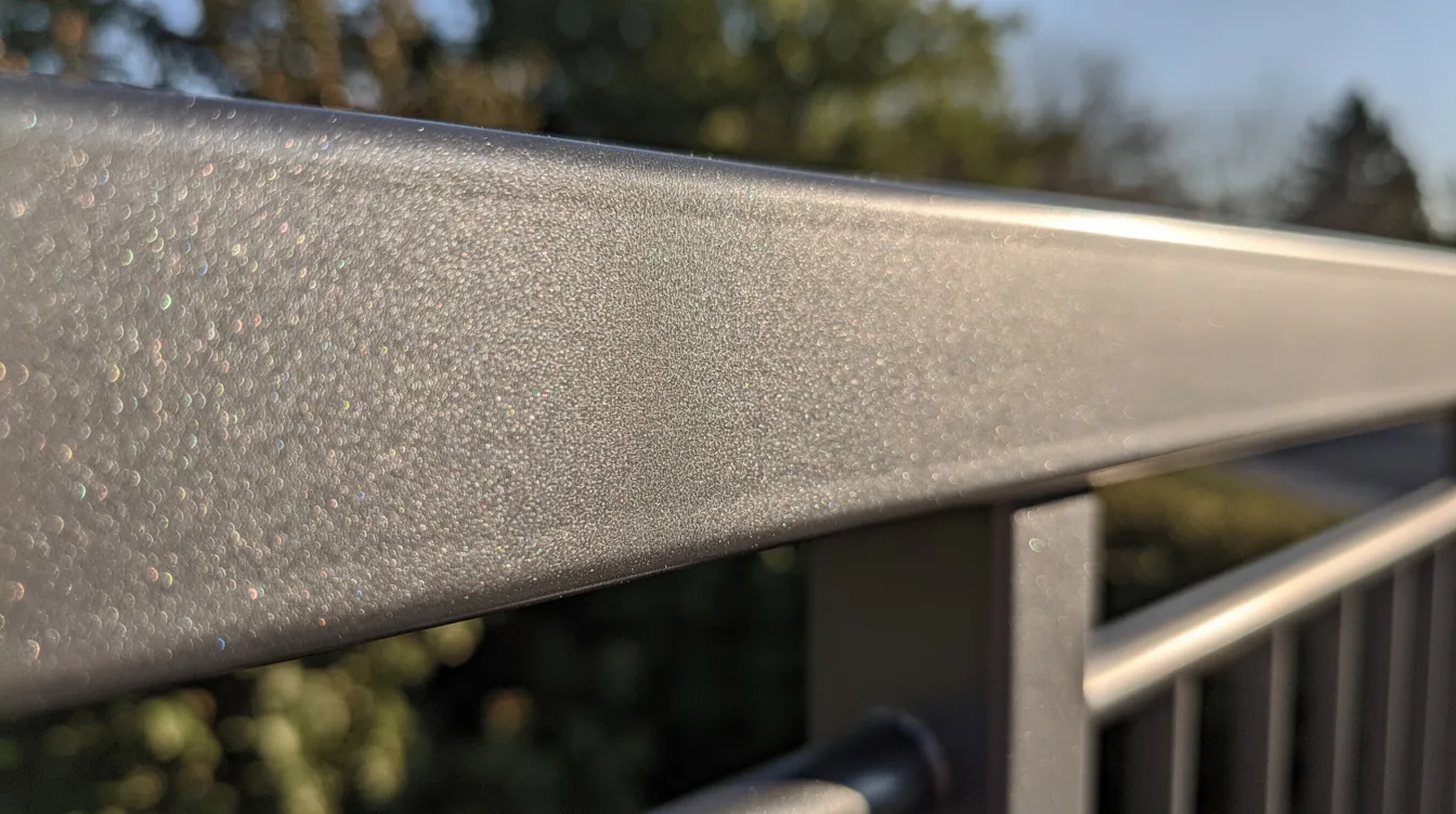 The image features a close-up view of a shimmering metallic powder coated railing, glistening in the outdoor sunlight with a smooth and sparkling finish. The vibrant color and quality of the powder coating enhance its stylish appearance, showcasing the performance and durability of the product.
