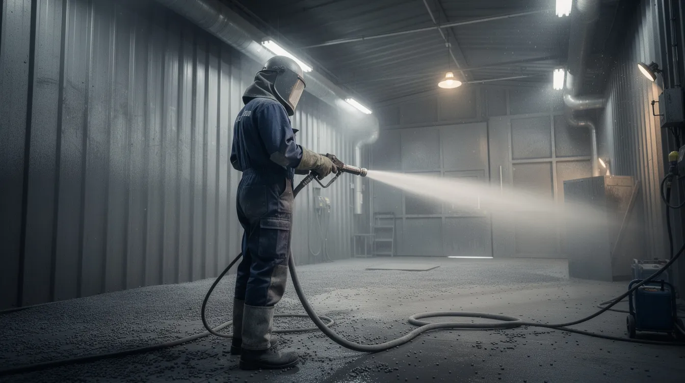 An industrial worker, fully equipped with typical safety equipment, operates a blast nozzle in a spacious steel blast room, utilizing an abrasive blasting system to prepare metal surfaces by removing contaminants with abrasive media. The scene captures the intensity of the abrasive blasting process, highlighting the importance of protective gear in such environments.