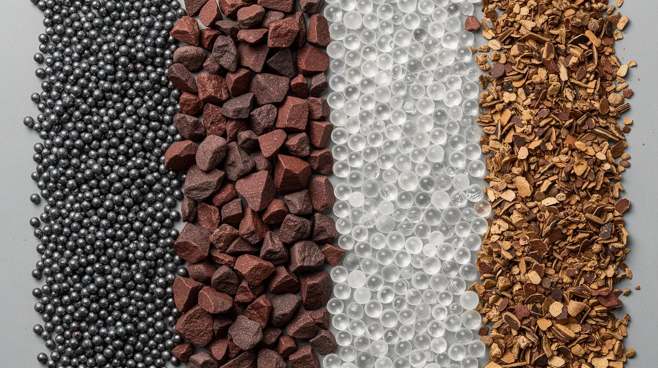 The close-up photograph showcases various types of blast media, including steel shot, garnet granules, glass beads, and walnut shell grit, all arranged side by side, highlighting the diversity of abrasive materials used in the abrasive blasting process for surface preparation. Each type of media serves a unique purpose in different blasting methods, such as sand blasting and glass bead blasting, essential for cleaning and finishing metal surfaces.