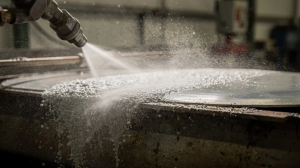Industrial nozzle spraying water onto metal surface