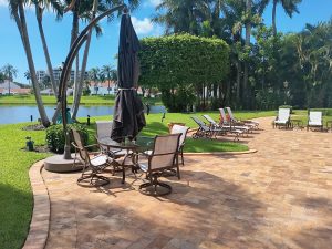 Sunny lakeside patio with chairs and palm trees