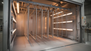 Industrial powder coating booth with hanging metal frames