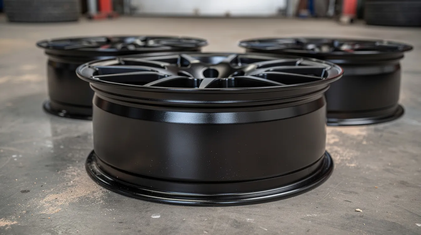 The image features a close-up of freshly powder coated black alloy wheels resting on a concrete shop floor, showcasing a durable and consistent finish that highlights the quality of the powder coating services available in Deerfield Beach. The sleek appearance of the wheels reflects the craftsmanship and attention to detail typical of high-performance vehicle enhancements.