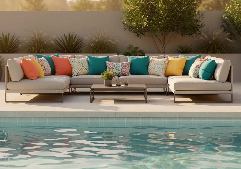 Outdoor lounge by a swimming pool