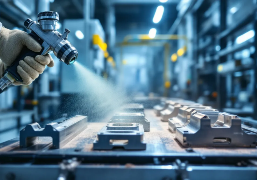 Worker spray painting industrial metal parts.