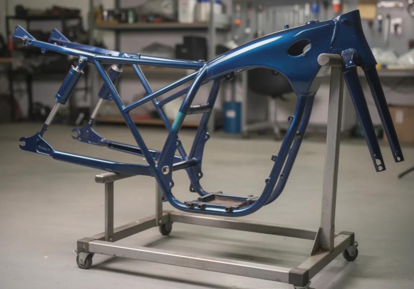 Blue motorcycle frame on metal stand in workshop.