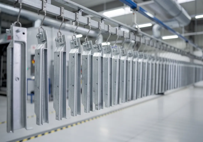 Metal parts hanging on industrial conveyor line