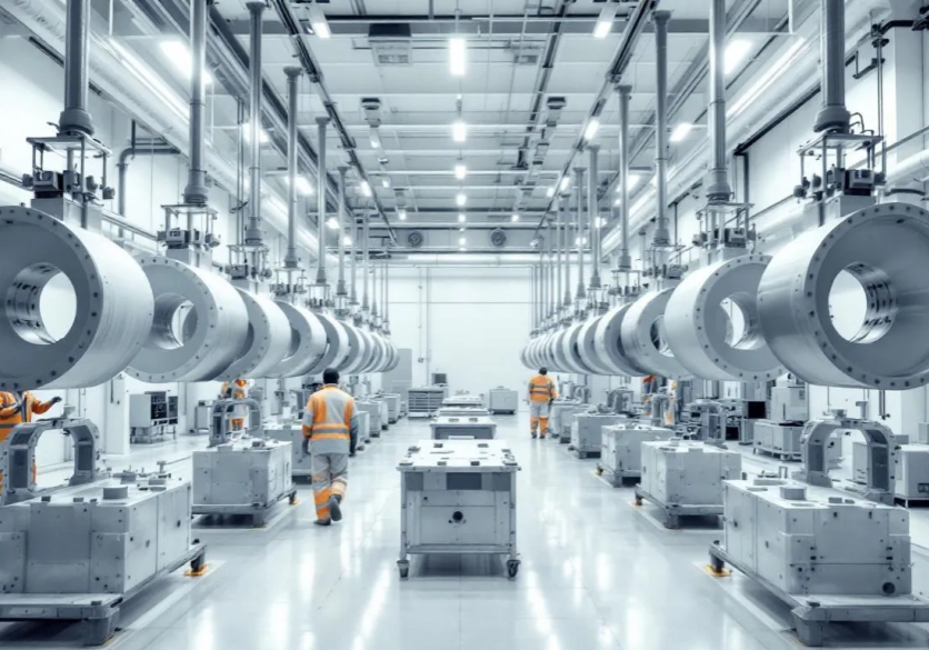 Workers in modern factory with machinery