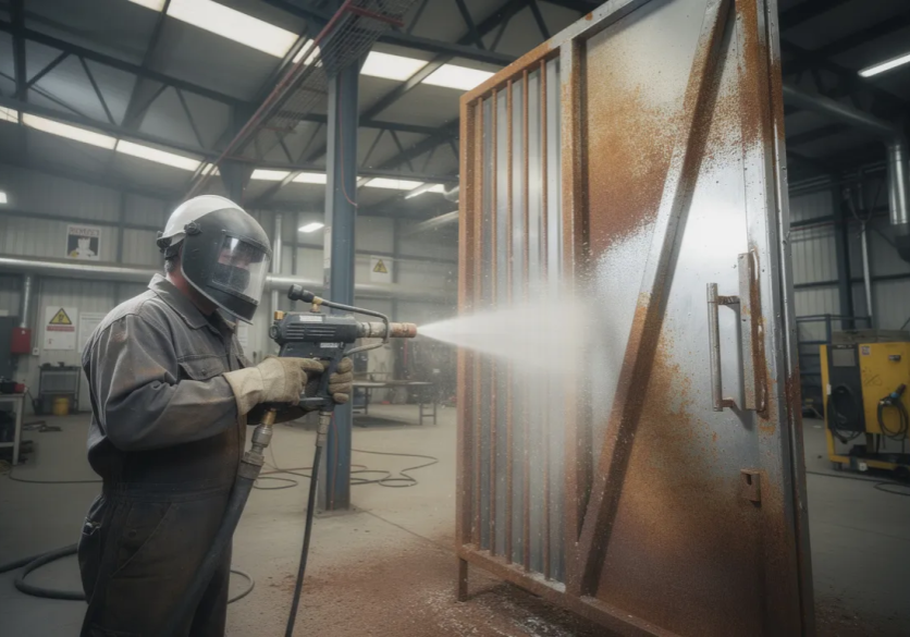 Worker sandblasting a metal surface in workshop
