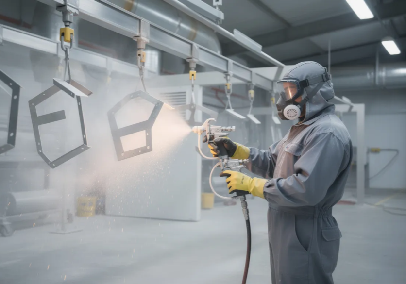 Worker spray painting metal parts in protective gear.