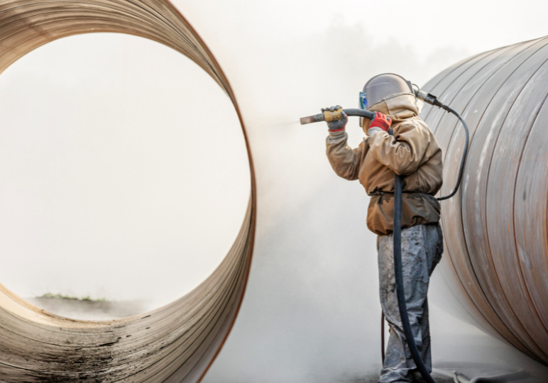 Worker sandblasting large metal pipe.