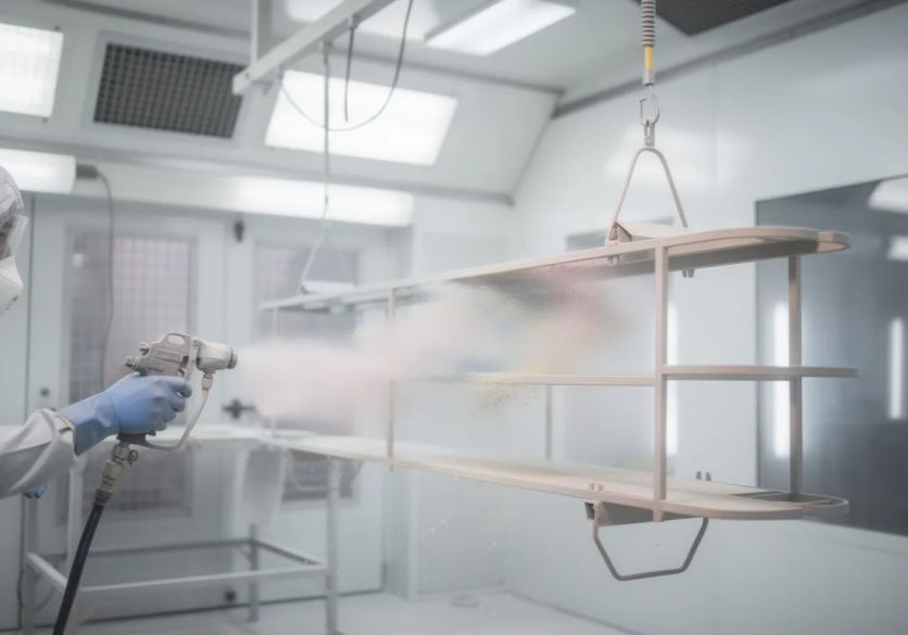 Technician spray painting metal in cleanroom.