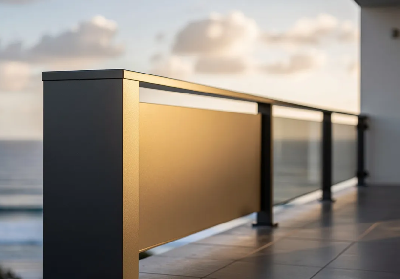 Modern glass balcony railing overlooking ocean at sunset