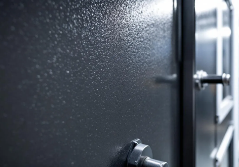 Close-up of textured black metal surface with screws.
