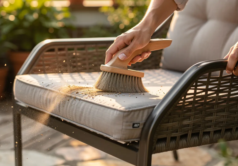Brushing dirt off outdoor patio chair cushion