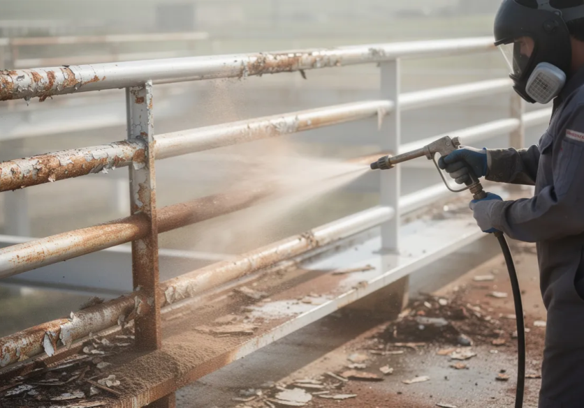 Worker sandblasting rusted metal railings outdoors.