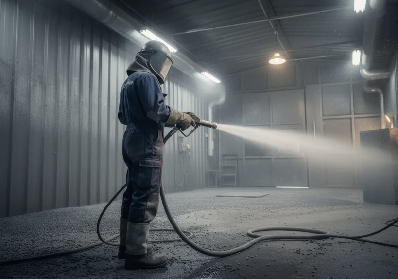 Worker sandblasting inside industrial warehouse